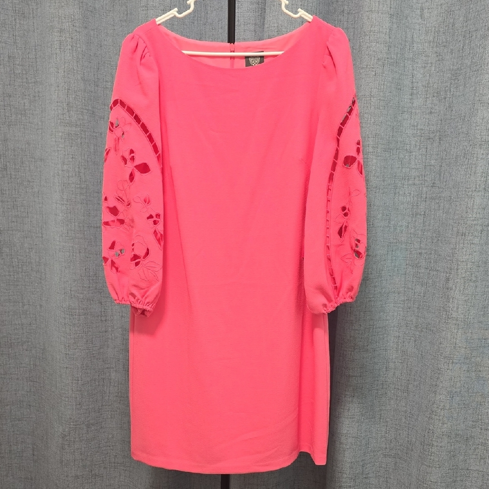 Vince‎ Camuto Hot Pink Dress Size 14  Floral Eyelet Sleeve Accents Knee length